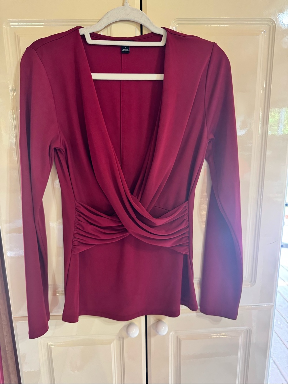 Ann Taylor Draped V-Neck Long Sleeve Top - Wine
